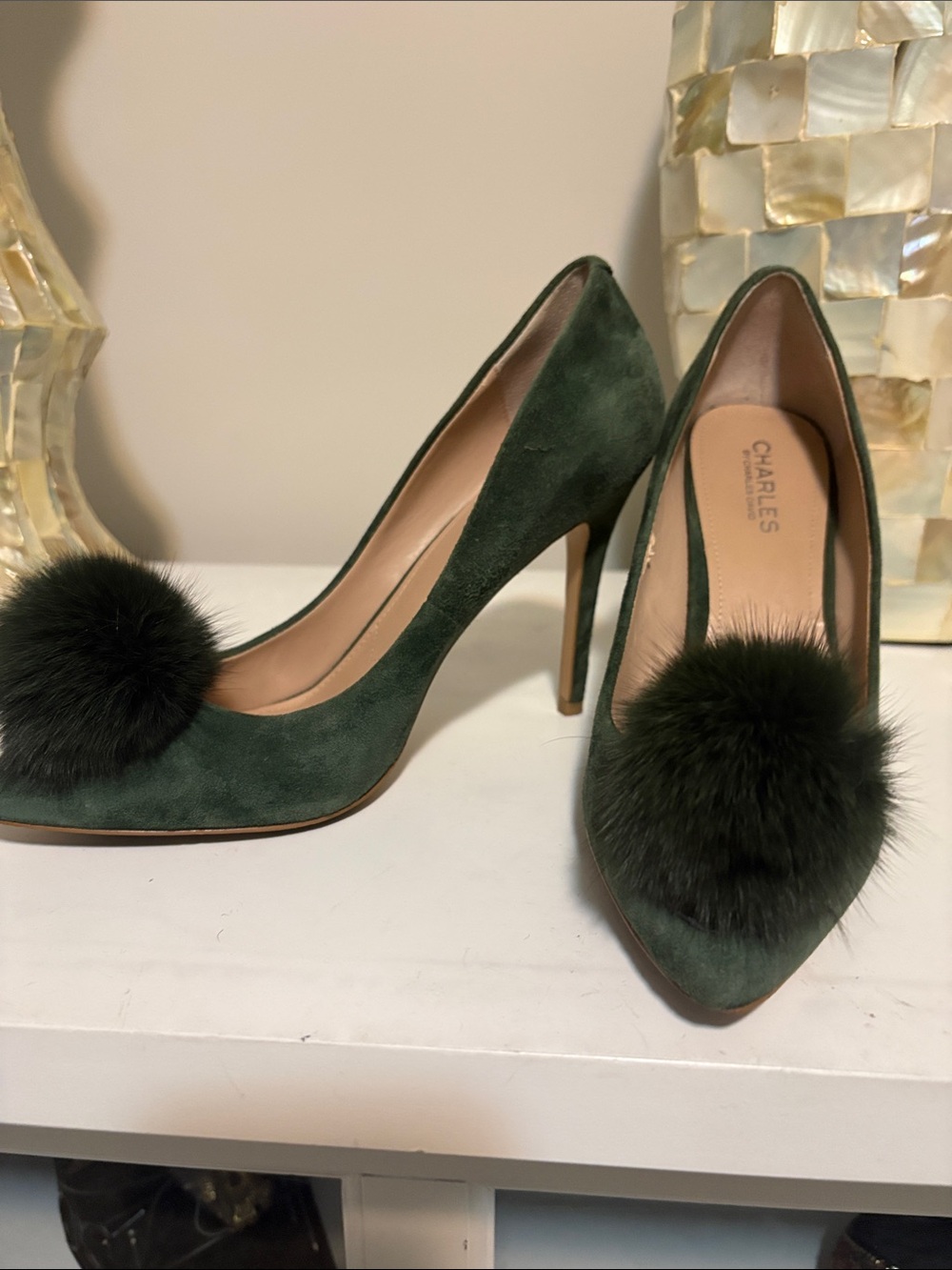 Charles by Charles David Dark Green Suede Pom-Pom Pointed Toe Pumps